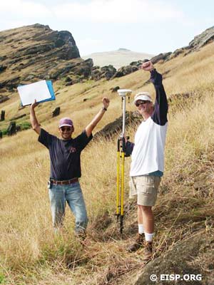 Cristián Arévalo Pakarati and Matthew Bates celebrate the last survey point. ©EISP/JVT/Photo: Alice Hom.