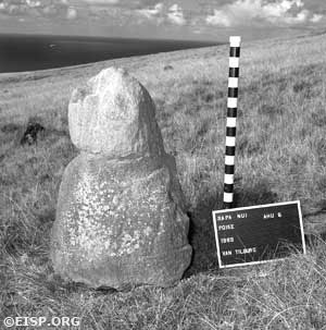 EISP archive photos of trachite statue, Poike, Rapa Nui (Easter Island), 1989. Photos by David C. Ochsner, © JVT/EISP.