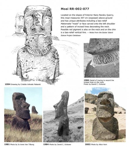 Moai RR-002-077 Located on the slopes of Exterior Rano Raraku Quarry, this moai measures 397 cm (exposed) above ground and has unique attributes including a bas-relief makemake 'mask' or face carved onto the left shoulder and a pattern of incised lines decorating the neck. Possible red pigment is also on the neck and on the chin is a bas-relief vertical line. — Notes from the Easter Island Statue Project Database