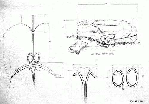 Detail of a similar but more complex design on the back of a fallen and broken torso, Ahu Oroi, Rapa Nui (Easter Island), 1983. Drawn by Raúl Paoa, EISP.