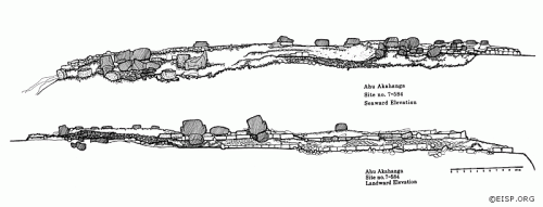 Plan view of Ahu Akahanga (7-584) seaward side (top) and landward side, by Johannes Van Tilburg, 1983.