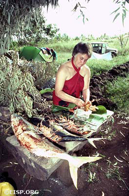 Graciela Hucke Atan preparing tuna <em>(kahi)<em /> at EISP campsite, Anakena, Rapa Nui (Easter Island). Photo by David C. Ochsner, © JVT/EISP.