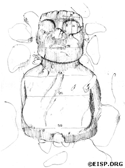 Field sketches of Moai 07-585-001, top of head (upper), base, and front view. ©EISP/JVT/Sketch: Raúl Paoa Ika.