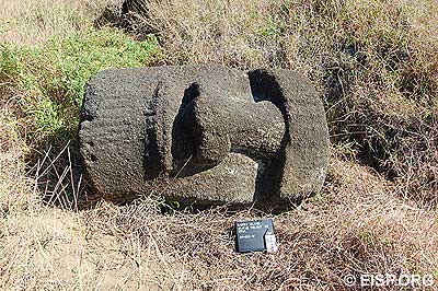 A moai head separated from its torso on the quarry slopes.