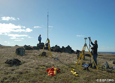 Jo Anne Van Tilburg and Matthew Bates set up to survey the statue transport road. Photo: H. Debey © JVT. Jo Anne Van Tilburg and Matthew Bates set up to survey the statue transport road. Photo: H. Debey © JVT.