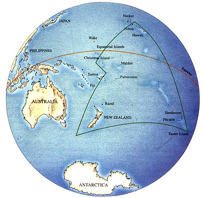 Map showing the location of Rapa Nui (Easter Island) within the Pacific Ocean and the Polynesian triangle.
