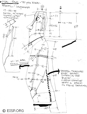 Working diagram detailing specific measuemrents of Moai Paro. ©1999 EISP/JVT/Sketch: Cristián Arévalo Pakarati.