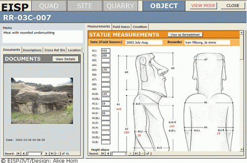 A view of the original digital EISP database interface designed for data entry of statue measurements and field notes, to organize digitized historic information from multiple sources into a single statue record. This database runs on common software and is easily taken into the field for reference. ©2005 EISP/JVT/Design: Alice Hom.