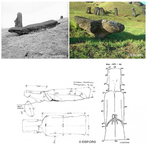 Moai RR-002-066 on the exterior slopes of Rano Raraku, as photographed in 1983 and 2006, also sketched for measurements in 1994 and surveying in 2006. Photo: D. C. Ocshner and J. Van Tilburg © JVT. Drawings: Cristián Arévalo Pakarati © JVT.