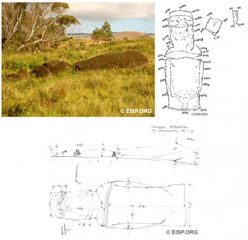 Moai RR-002-113 near Rano Raraku, photographed and drawn and surveyed in 2006. Measurements done previously in 1994. Photo: J. Van Tilburg © JVT. Drawings: Cristián Arévalo Pakarati © JVT.