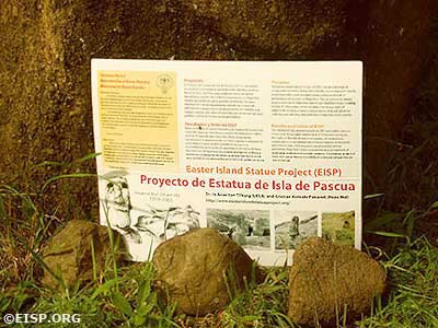 An informational park service sign about EISP and the importance of preserving the moai. © EISP 2003.