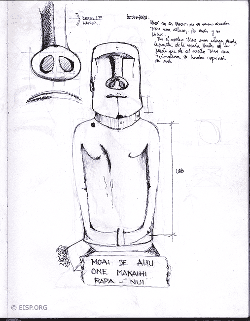 A page from Raúl Paoa’s sketch book, detailing the moai standing outside the Fonck Museum in Viña Del Mar, Chile. ©EISP/JVT/Sketch: Raúl Paoa.