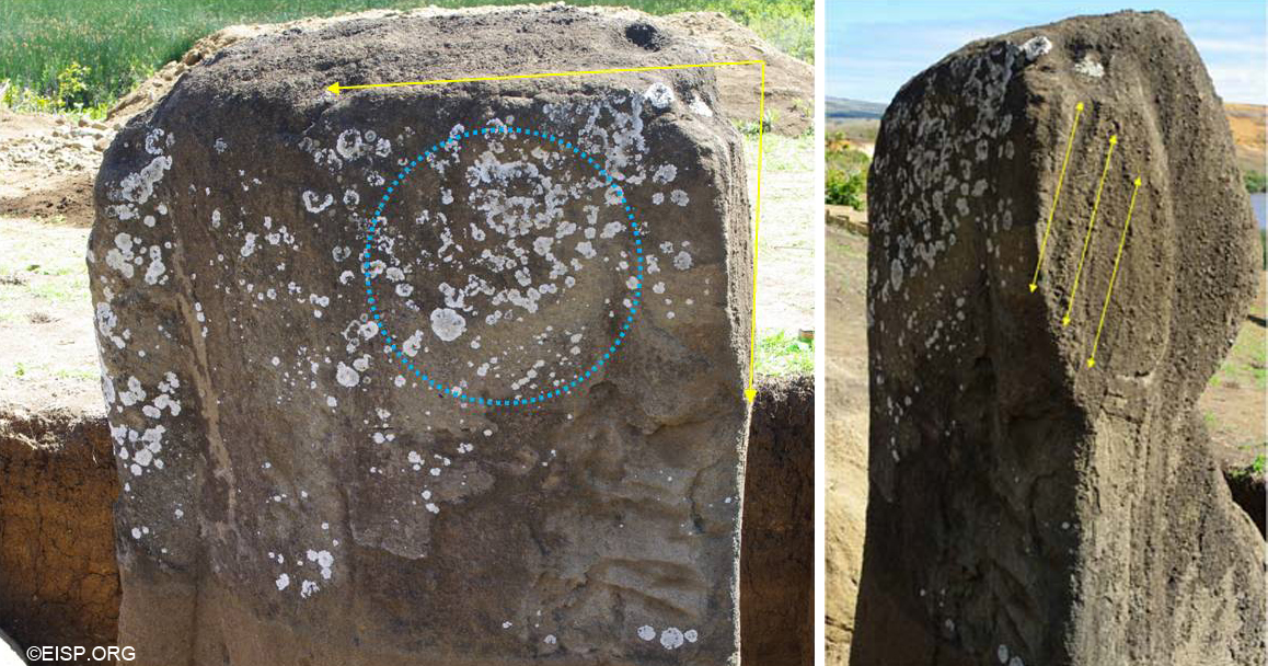 Figure 2: Decay on the back of the head of statue RR-001-156 and schematic visualization of the area sounding hollow (dotted circle) and of the bedding planes (arrows). Photographs by CF.
