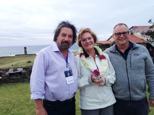 Charles Stanish, Jo Anne Van Tilburg, and Charlie Steinmetz at the opening reception for the Early Pacific Migration and Navigation Conference, Rapa Nui, November 2018.