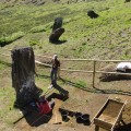 Overview of initial excavation of Moai 157.  EISP co-director Cristian Arevalo Pakarati with Alice Hom, photographer and database manager.