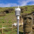 View of Moai 157, Rano Raraku quarry.  In the foreground is the inital installation in progress of environmental monitoring equipment by the conservation scientists associated with the AIA funded EISP project.