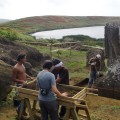 Site overview showing Rano Raraku lake from the project site in a quarry named Papa Haa Pure. Screening team working on deposits removed from Moai 157.