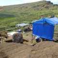 Overview of EISP excavation site, with scaffolding set up around Moai 157 in preparation for conservation studies.