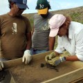 Cristián Arévalo Pakarati, Jo Anne Van Tilburg, and Benjamin Mihaore Pakarati González  screening removed deposits.