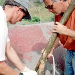 Ted Ralston and Johannes Van Tilburg learning to use the traditional ke’ke, a Y-shaped tool used for tightening canoe and house lashings. ©1998 EISP/JVT/Photo: J. Van Tilburg.