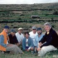 Moai transport crew at Rano Raraku. From left, Johannes Van Tilburg, Zvi Shiller, Ted Ralston, Margie Ralston, Niko Haoa, Jo Anne Van Tilburg. ©1998 EISP/JVT